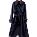 Women's Long Coat Double-Breasted with Belted Waist and Notch Lapel - Dark Blue