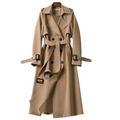 Women's Long Coat Double-Breasted with Belted Waist and Notch Lapel - Khaki