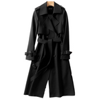 Women's Long Coat Double-Breasted with Belted Waist and Notch Lapel - Black