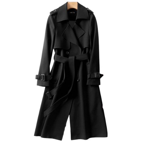 Women's Long Coat Double-Breasted with Belted Waist and Notch Lapel - Black