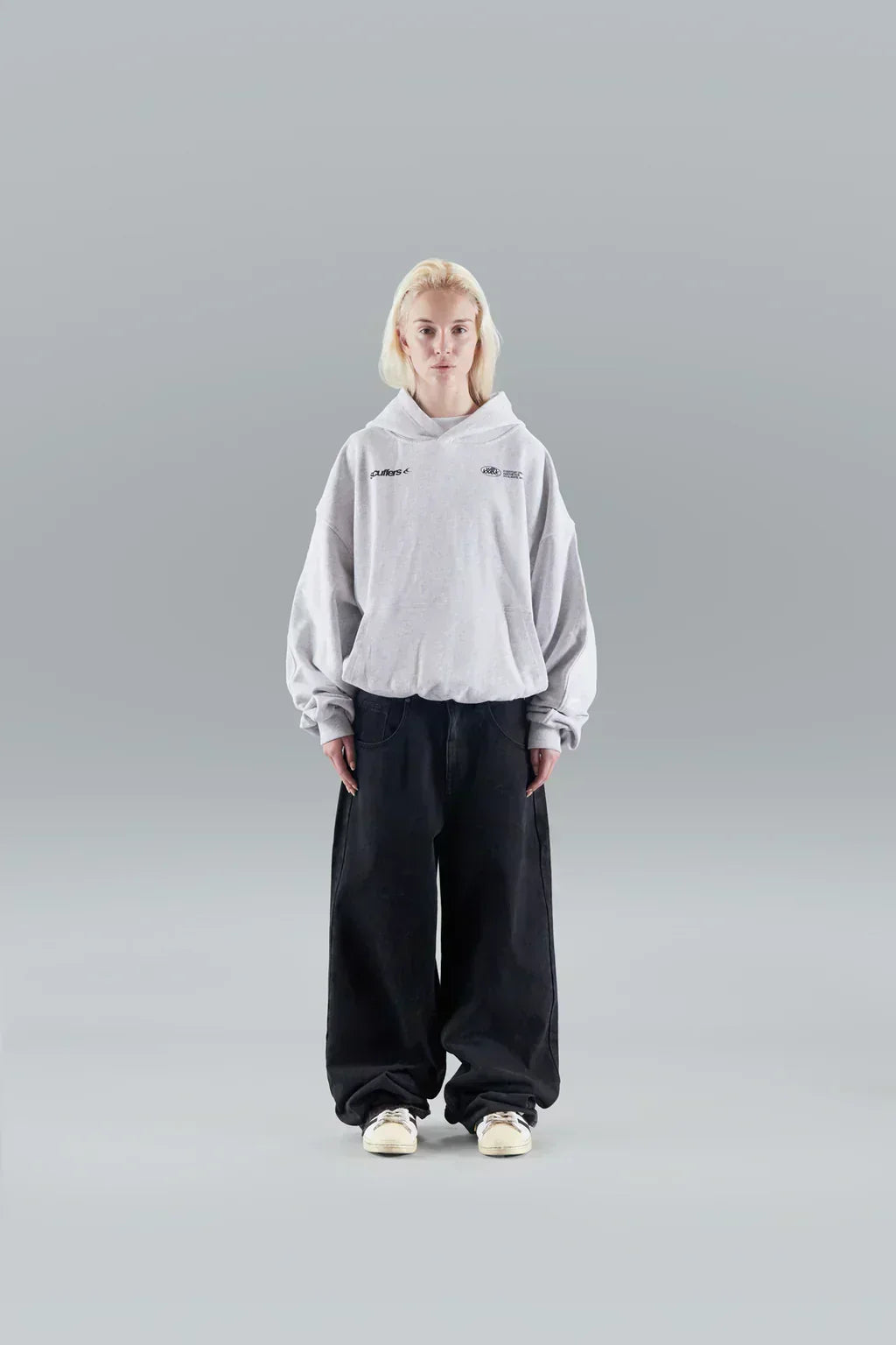 Women's Printed Hoodie Oversized with Kangaroo Pocket - Grey