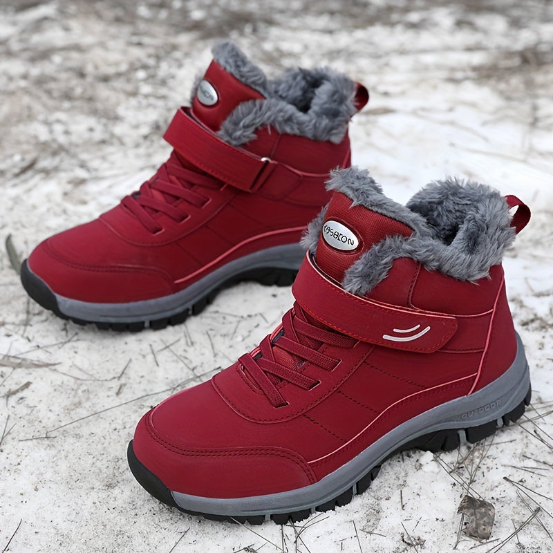 Women's Ankle Boots with Faux Fur Trim and Adjustable Strap - Red