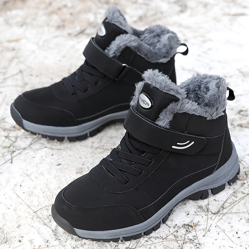Women's Ankle Boots with Faux Fur Trim and Adjustable Strap - Black