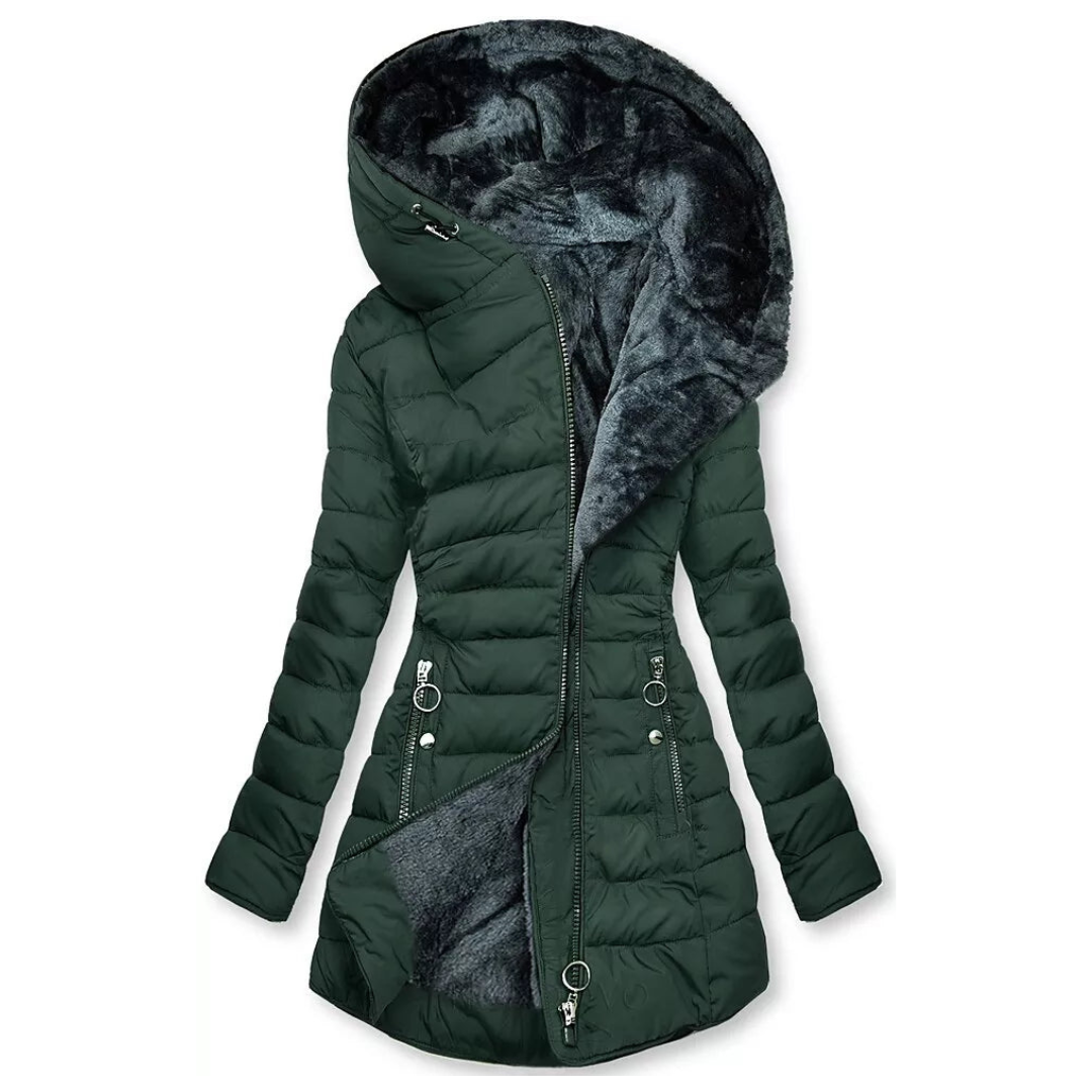 Women's Quilted Coat with Faux Fur Lined Hood and Zip Pockets - Dark Green