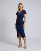 Women's Wrap Midi Dress with Draped Skirt and V-Neck - 12
