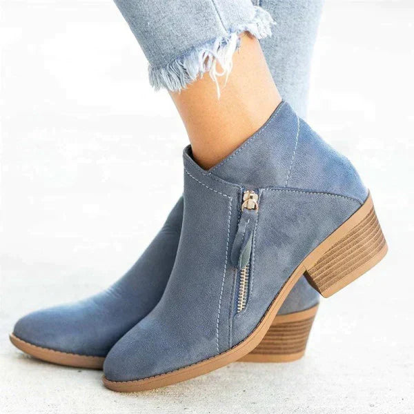 Women's Ankle Boots with Cushioned Insole and Side Zip - Blue