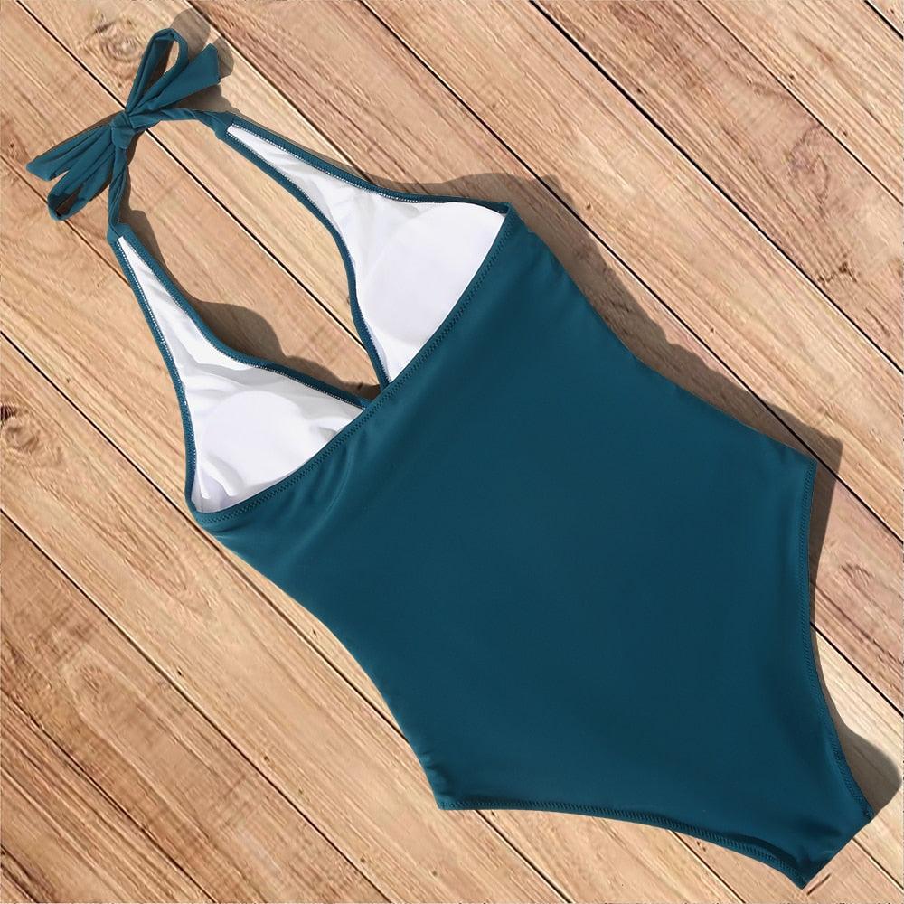 Women's One-Piece Swimsuit with Halter Neck and Striped Wrap Front - 7