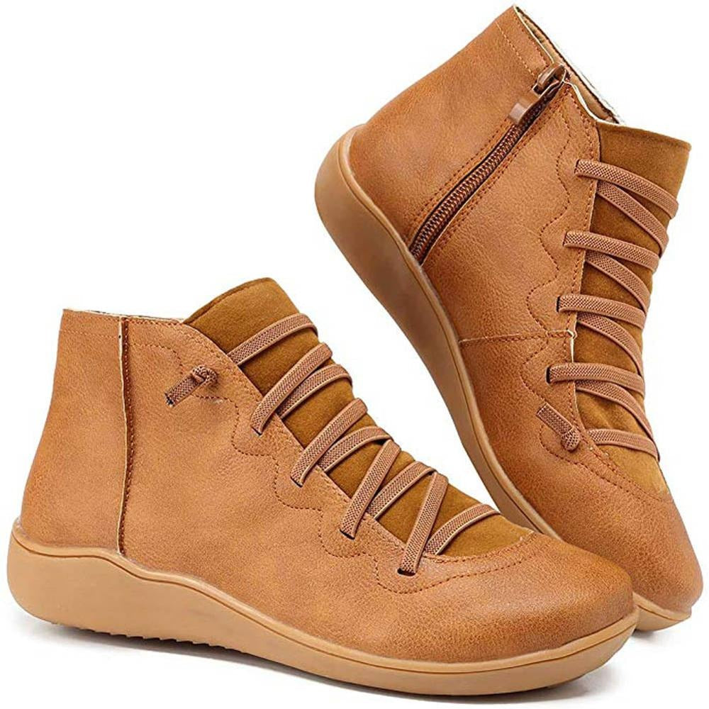Women's Ankle Boots with Lace-Up Front and Side Zip - Brown