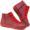 Women's Ankle Boots with Lace-Up Front and Side Zip - Red