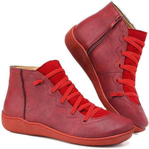 Women's Ankle Boots with Lace-Up Front and Side Zip - Red