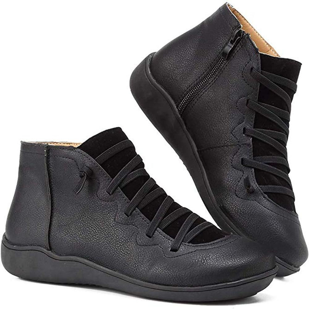 Women's Ankle Boots with Lace-Up Front and Side Zip - Black