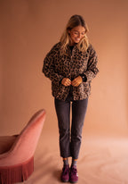 Women's Bomber Jacket Leopard Print with Snap Buttons and Patch Pockets - 9