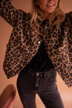 Women's Bomber Jacket Leopard Print with Snap Buttons and Patch Pockets - 3