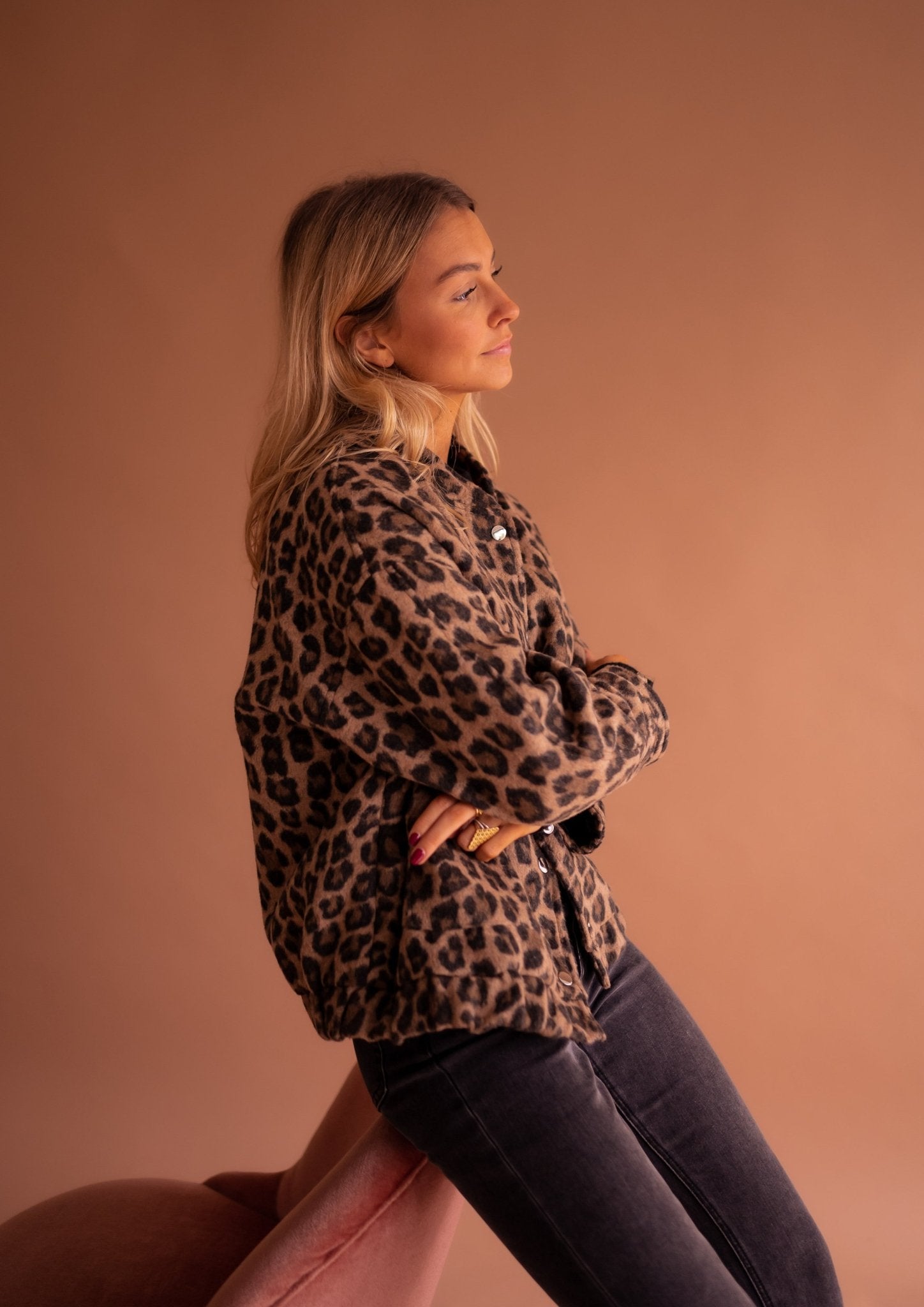Women's Bomber Jacket Leopard Print with Snap Buttons and Patch Pockets - 6
