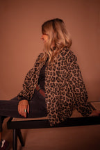 Women's Bomber Jacket Leopard Print with Snap Buttons and Patch Pockets - 4