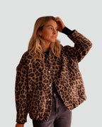 Women's Bomber Jacket Leopard Print with Snap Buttons and Patch Pockets - 1