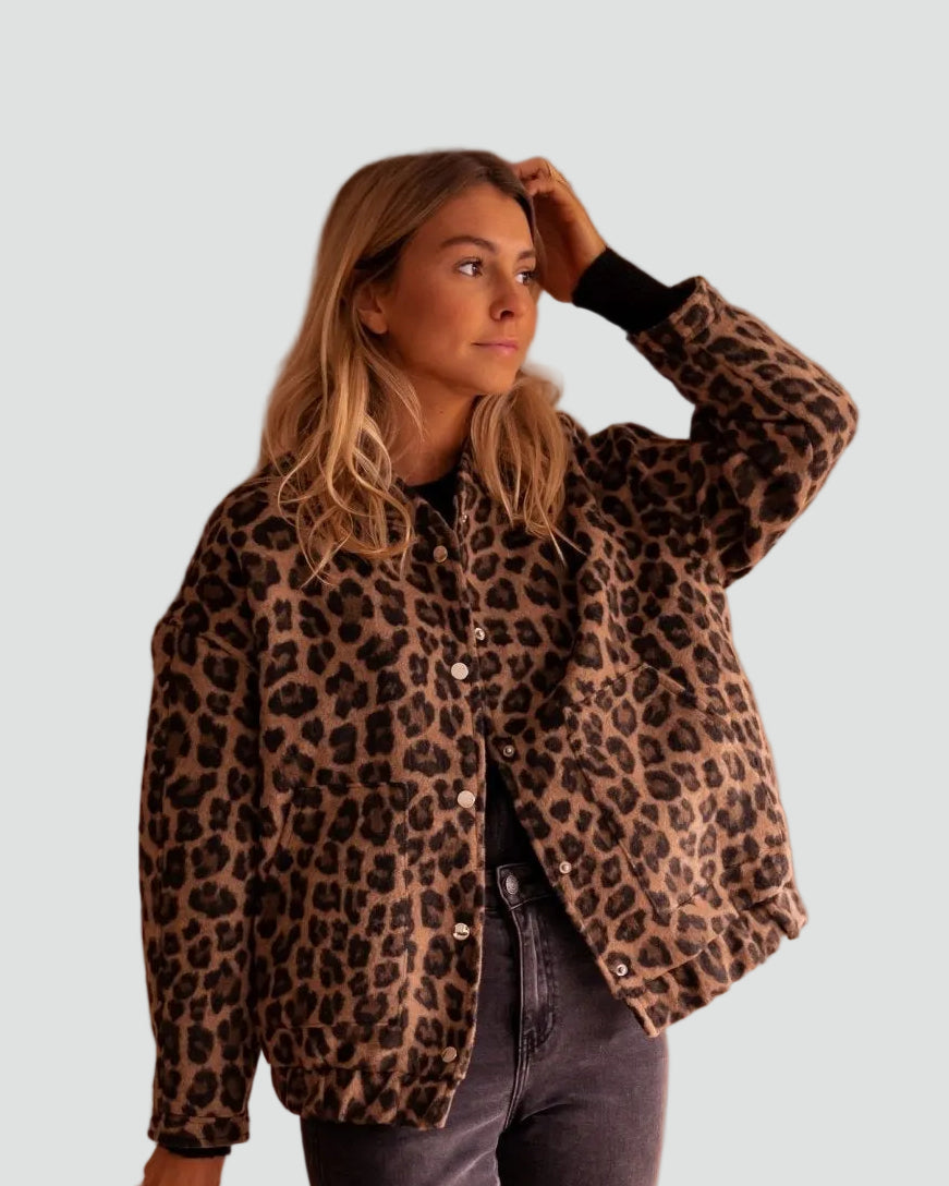 Women's Bomber Jacket Leopard Print with Snap Buttons and Patch Pockets - 1