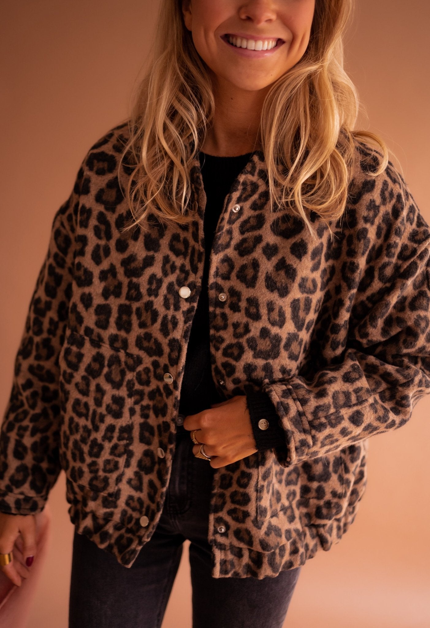 Women's Bomber Jacket Leopard Print with Snap Buttons and Patch Pockets - Brown