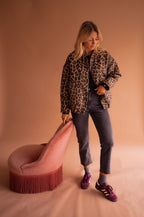 Women's Bomber Jacket Leopard Print with Snap Buttons and Patch Pockets - 5