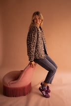 Women's Bomber Jacket Leopard Print with Snap Buttons and Patch Pockets - 8