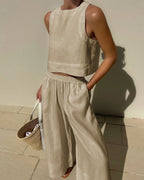 Women's Sleeveless Top and Wide-Leg Trousers Co-ord Set - Beige