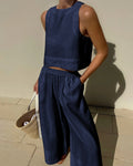 Women's Sleeveless Top and Wide-Leg Trousers Co-ord Set - Navy Blue