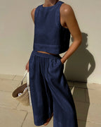Women's Sleeveless Top and Wide-Leg Trousers Co-ord Set - Navy Blue