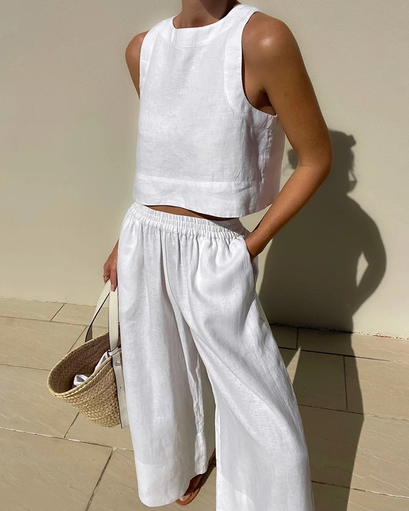 Women's Sleeveless Top and Wide-Leg Trousers Co-ord Set - White
