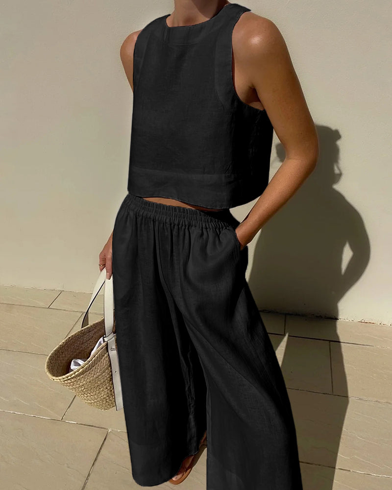 Women's Sleeveless Top and Wide-Leg Trousers Co-ord Set - Black