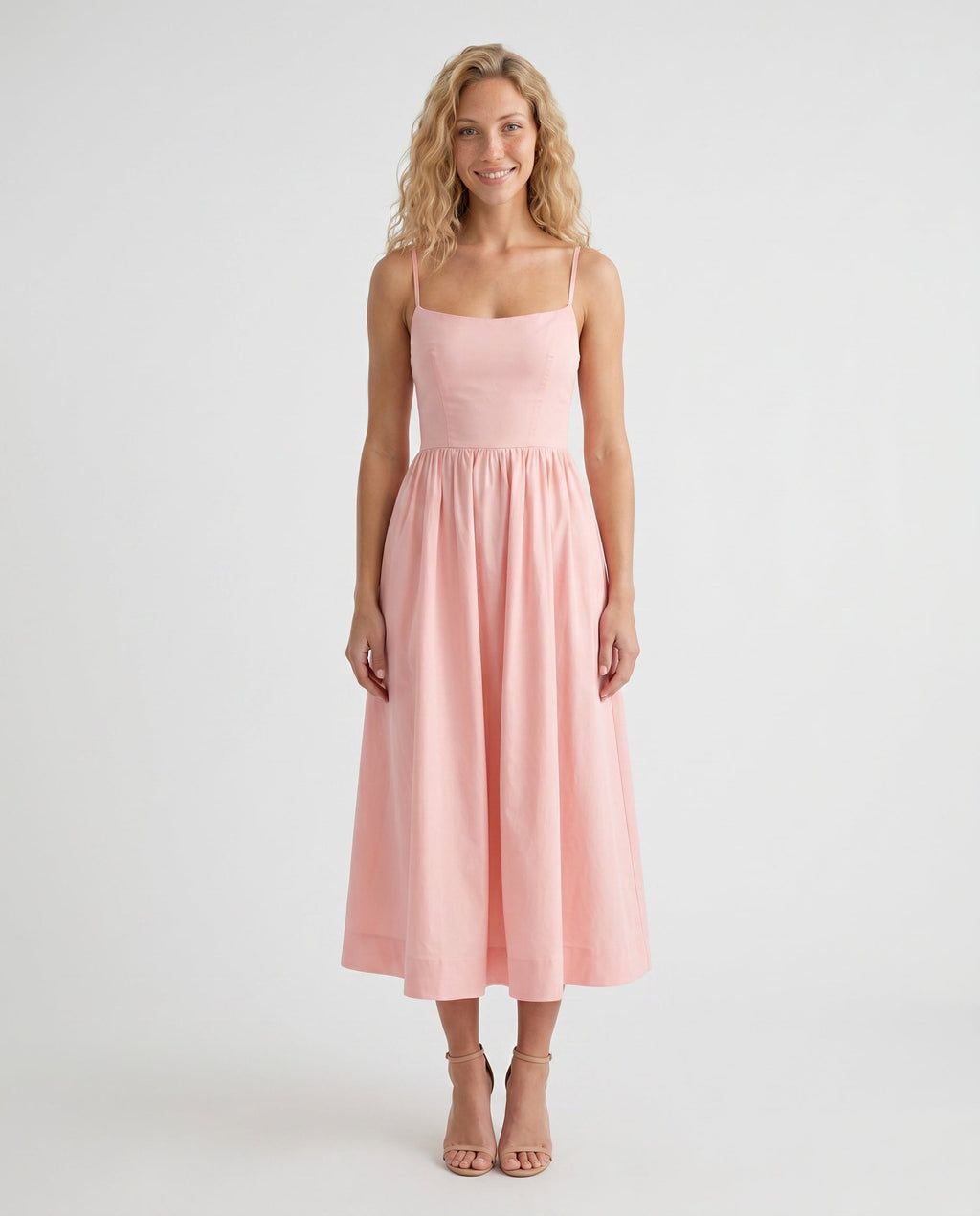 Women's Midi Dress Sleeveless with Low Open Back and A-Line Skirt - Pink