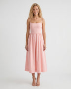 Women's Midi Dress Sleeveless with Low Open Back and A-Line Skirt - Pink
