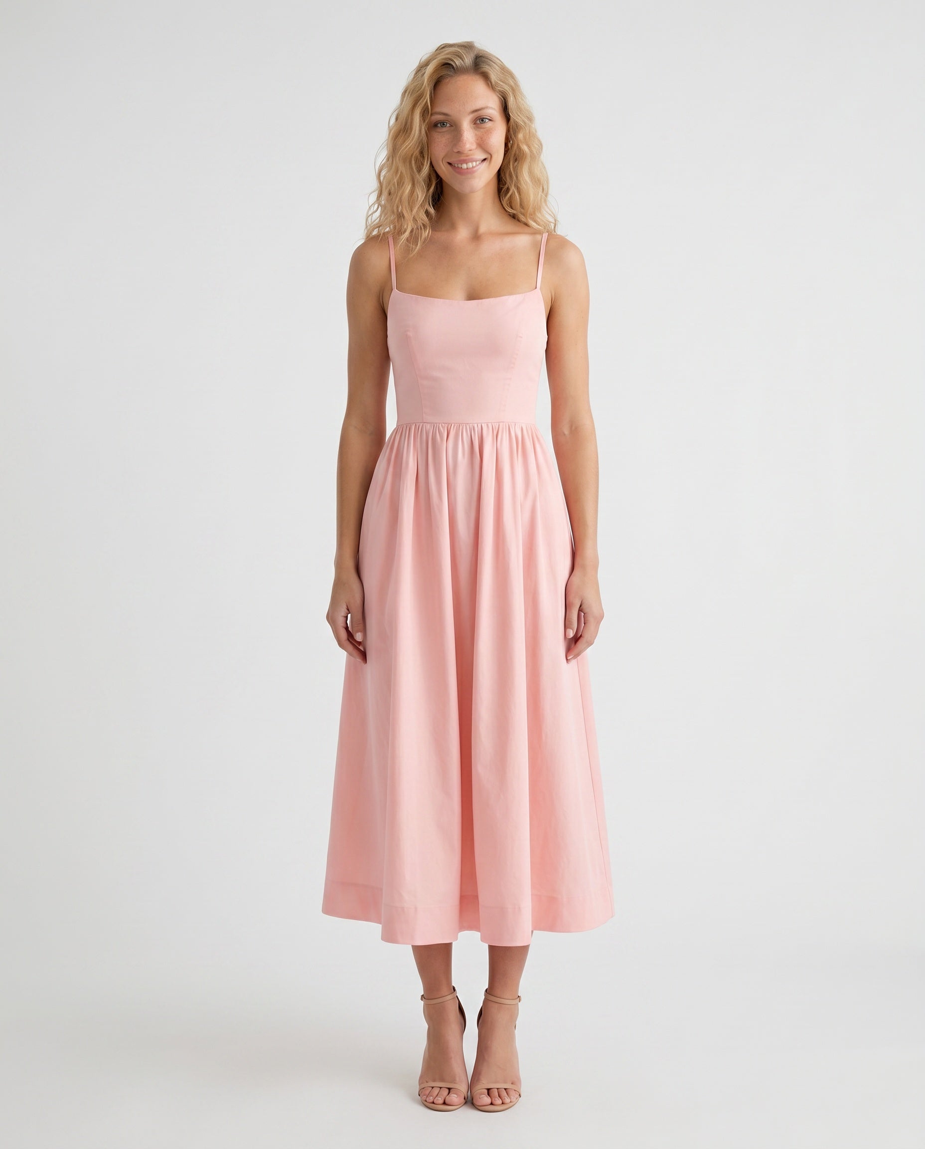 Women's Midi Dress Sleeveless with Low Open Back and A-Line Skirt - Pink