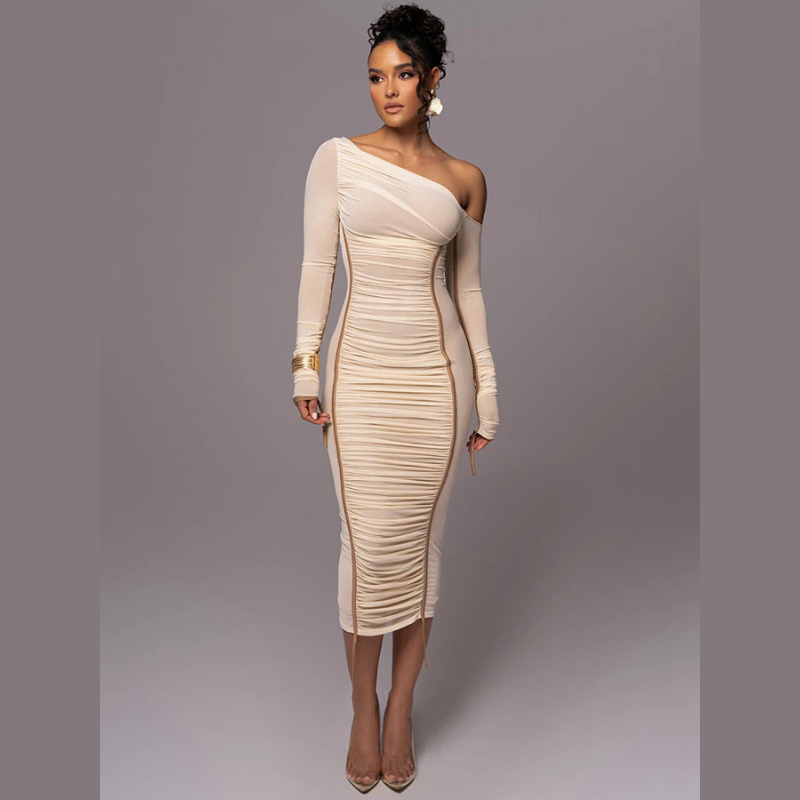 Women's Bodycon Midi Dress with One-Shoulder Ruched Design - White