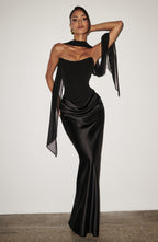 Women's Strapless Maxi Dress with Knot Neckline and Draped Satin Skirt - 5