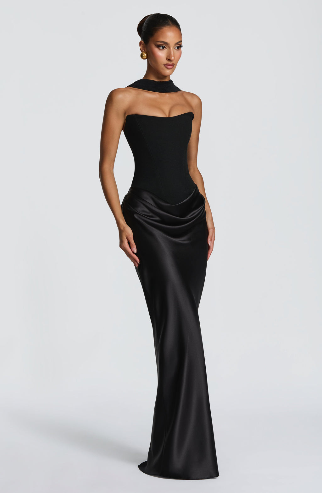 Women's Strapless Maxi Dress with Knot Neckline and Draped Satin Skirt - 4
