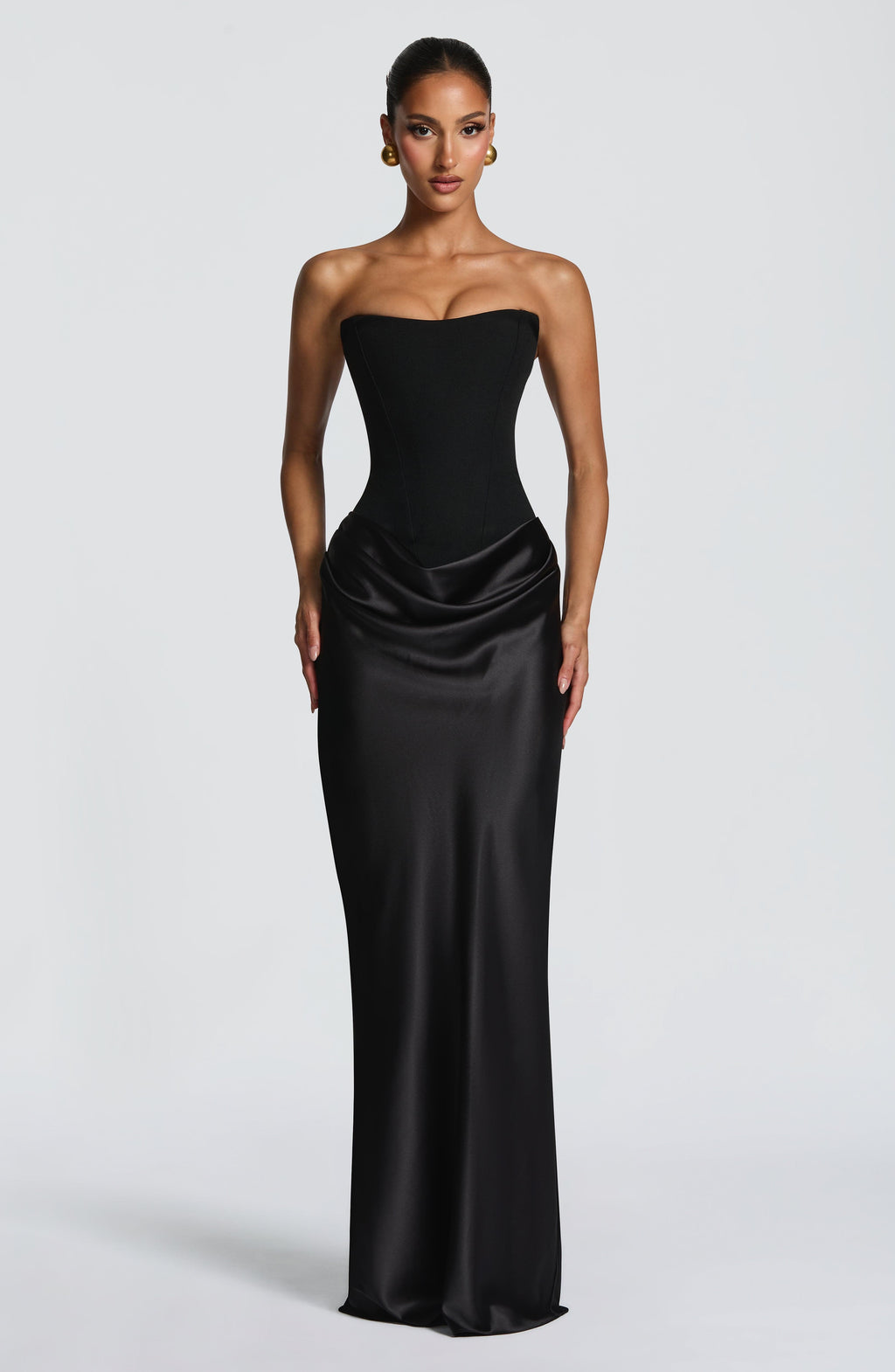 Women's Strapless Maxi Dress with Knot Neckline and Draped Satin Skirt - 7