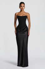 Women's Strapless Maxi Dress with Knot Neckline and Draped Satin Skirt - 7