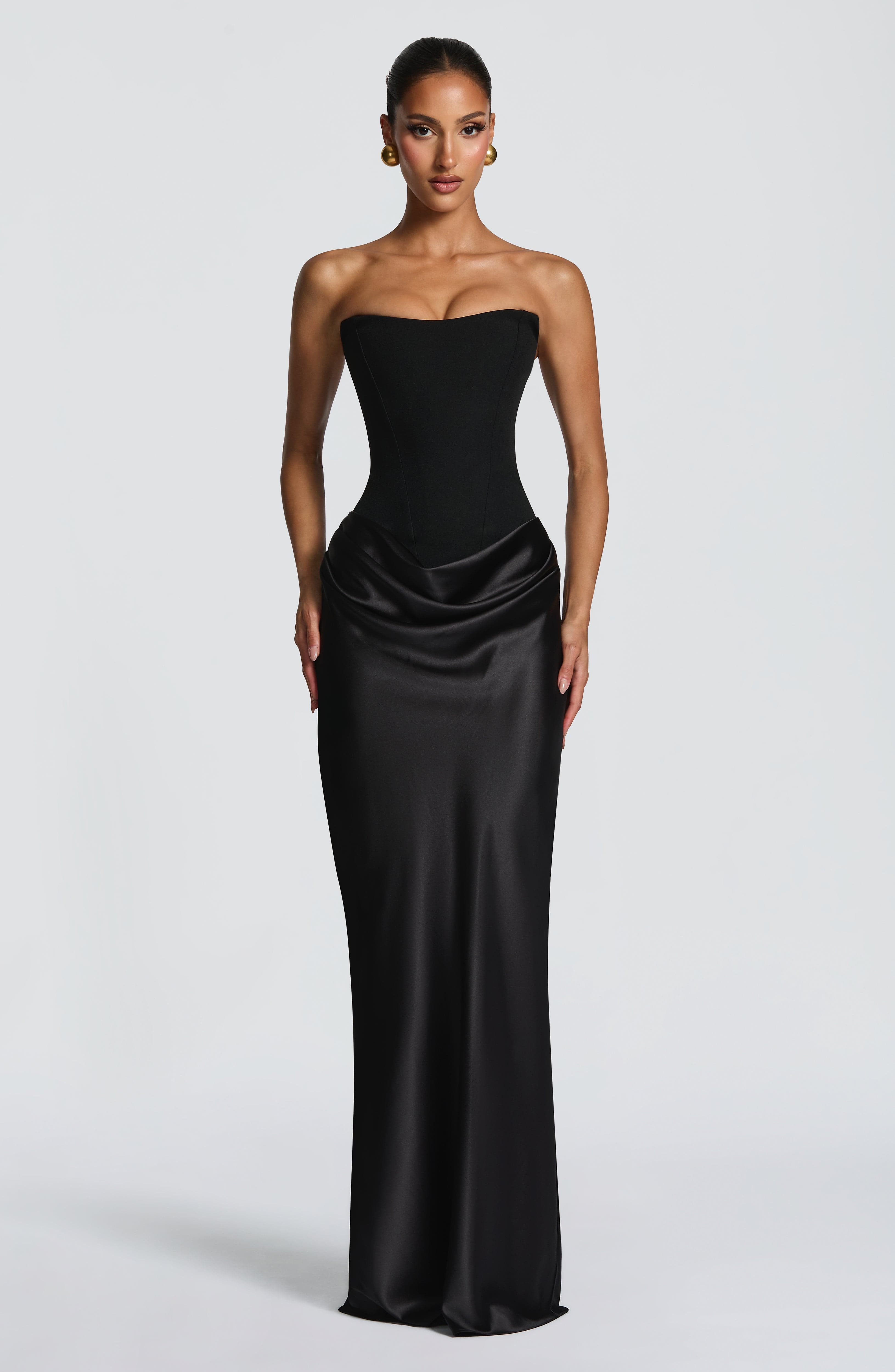 Women's Strapless Maxi Dress with Knot Neckline and Draped Satin Skirt - 7