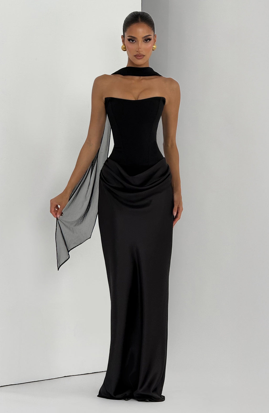 Women's Strapless Maxi Dress with Knot Neckline and Draped Satin Skirt - 11