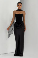 Women's Strapless Maxi Dress with Knot Neckline and Draped Satin Skirt - 11