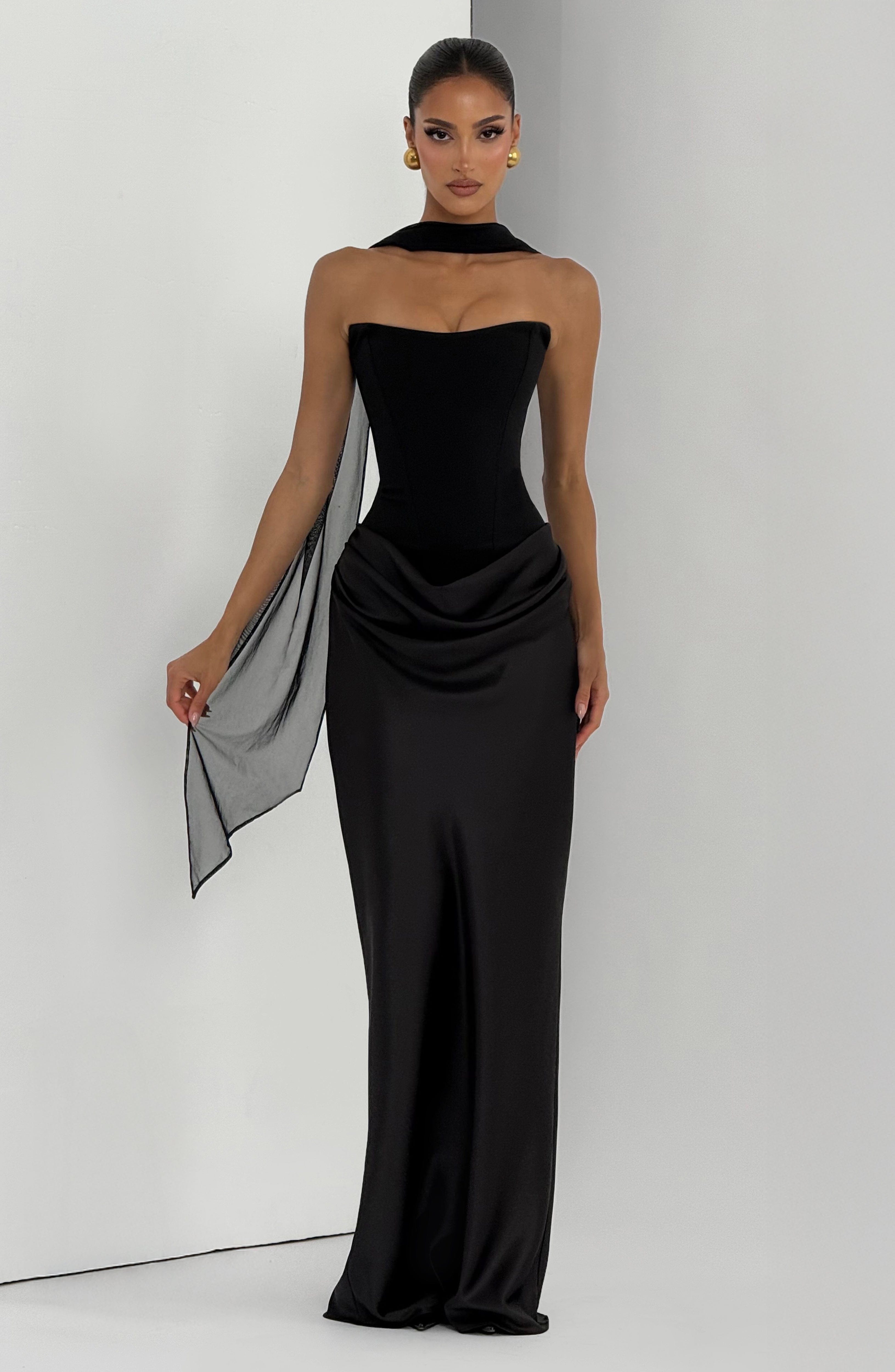 Women's Strapless Maxi Dress with Knot Neckline and Draped Satin Skirt - 11