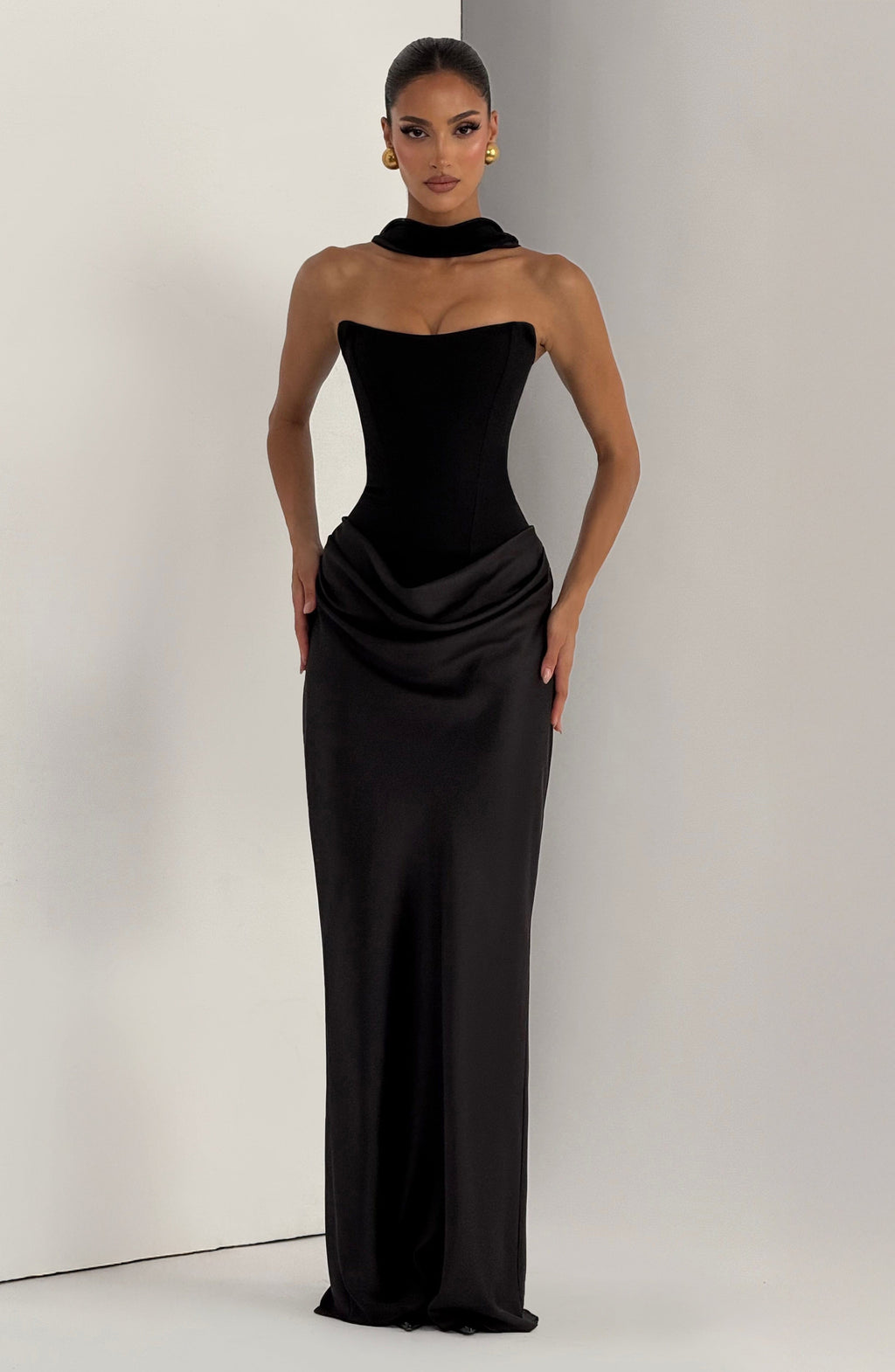 Women's Strapless Maxi Dress with Knot Neckline and Draped Satin Skirt - 10