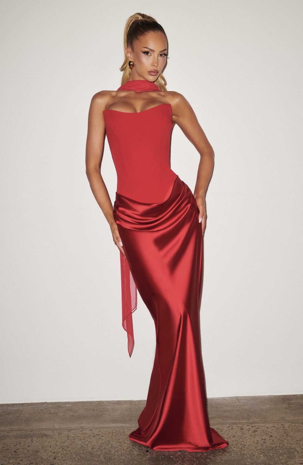 Women's Strapless Maxi Dress with Neck Tie Detail and Draped Skirt - 5