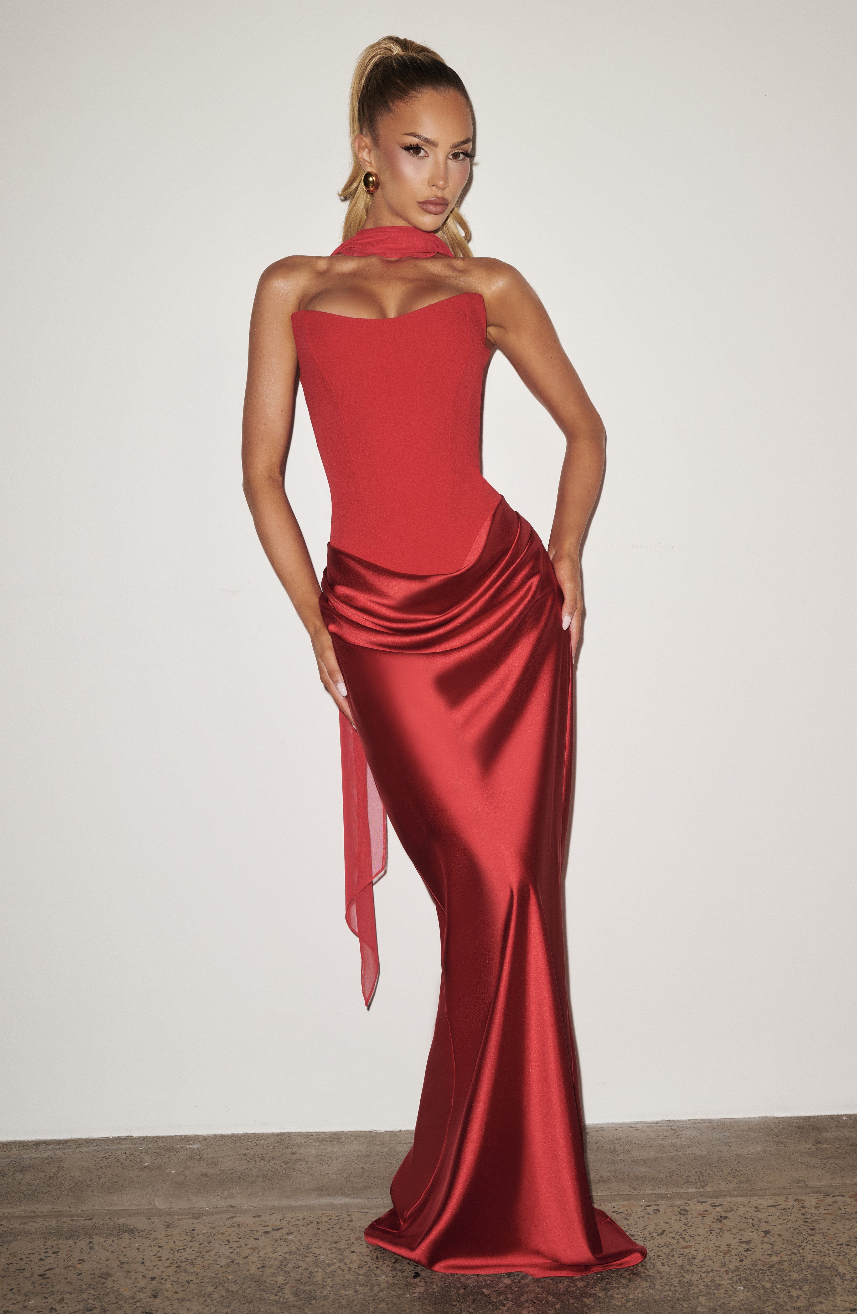 Women's Strapless Maxi Dress with Neck Tie Detail and Draped Skirt - 5