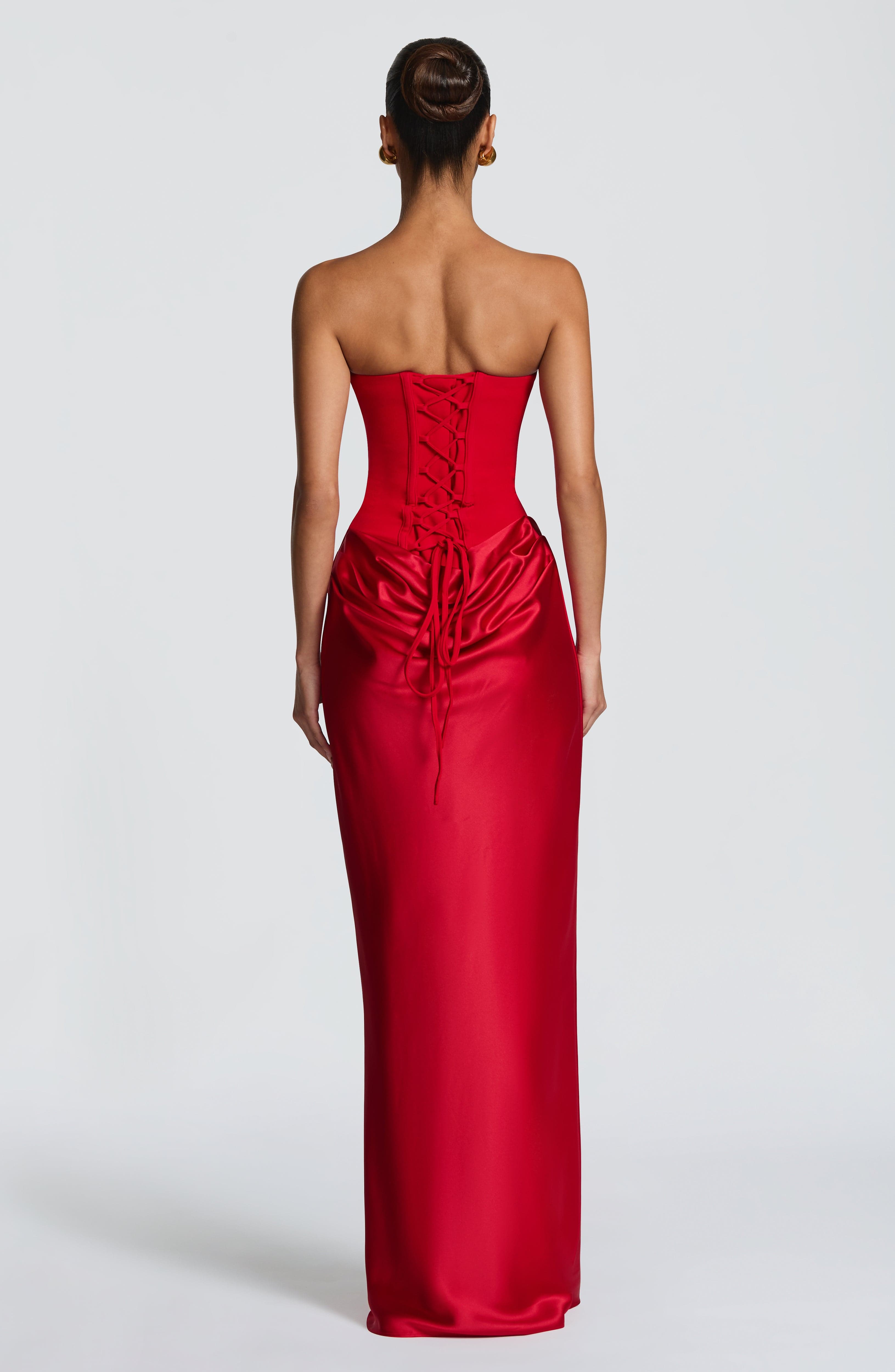 Women's Strapless Maxi Dress with Neck Tie Detail and Draped Skirt - 3