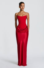 Women's Strapless Maxi Dress with Neck Tie Detail and Draped Skirt - 9