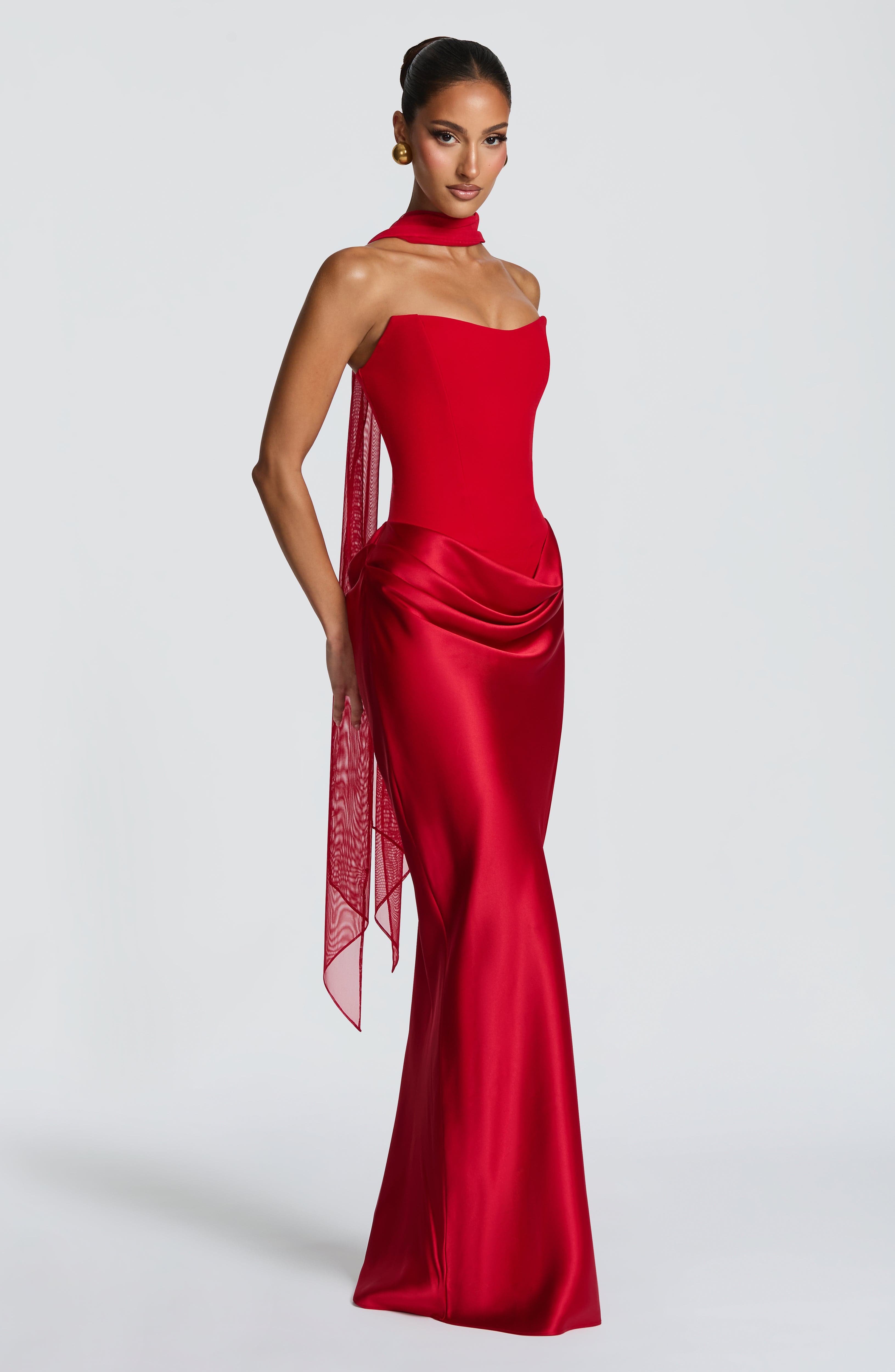 Women's Strapless Maxi Dress with Neck Tie Detail and Draped Skirt - 4
