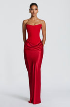 Women's Strapless Maxi Dress with Neck Tie Detail and Draped Skirt - 7