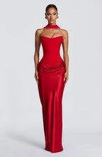 Women's Strapless Maxi Dress with Neck Tie Detail and Draped Skirt - 2