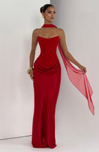 Women's Strapless Maxi Dress with Neck Tie Detail and Draped Skirt - 10